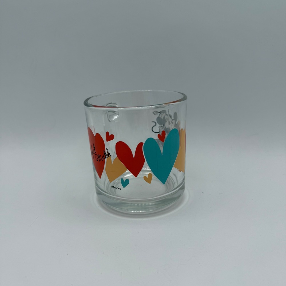 Disney Mickey Minnie Mouse Hearts Glass Mug‎ Cup Perfect Match Valentine